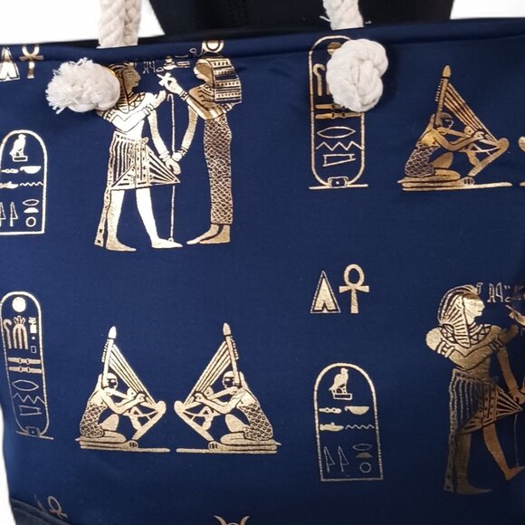 Midnight Blue Egyptian Graphic Beach Bag w/ Rope Handles & Gold Foil Design NWOT - Picture 3 of 9